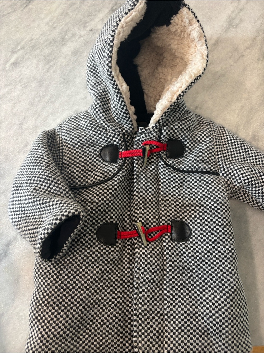 Catimini Black & White Checked Hooded Pea Coat with Red Toggle Accents